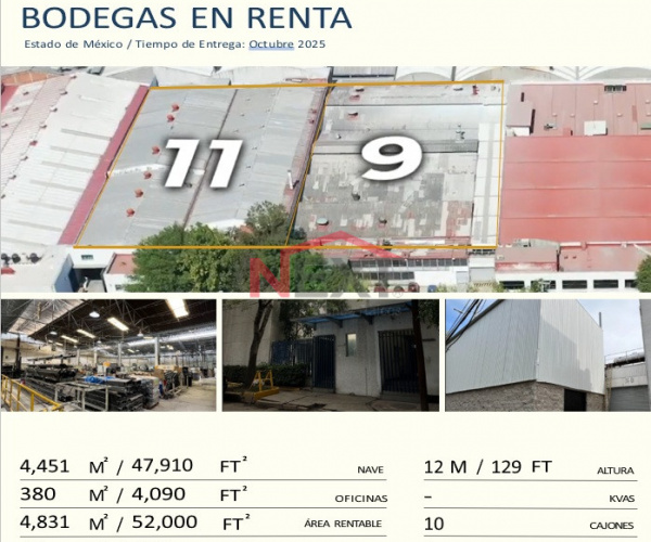 BODEGA EN RENTA  NAUCALPAN AVENIDA CENTRAL GICA 9&11 ESTADO DE MEXICO