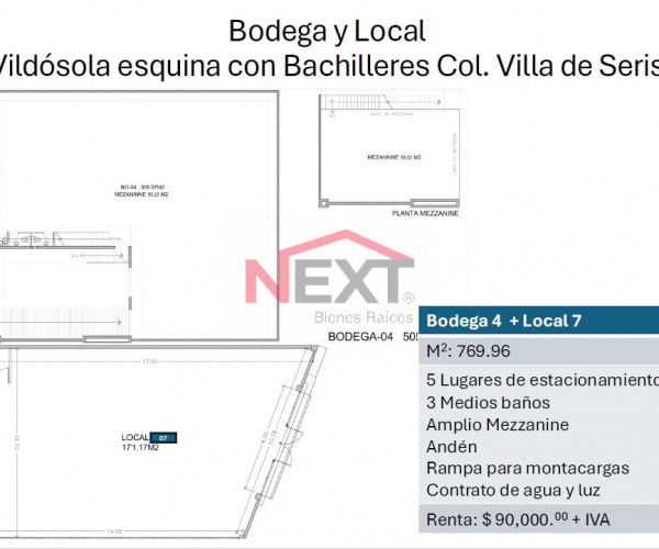 BODEGA Y LOCAL EN RENTA EN COL. VILLA DE SERIS